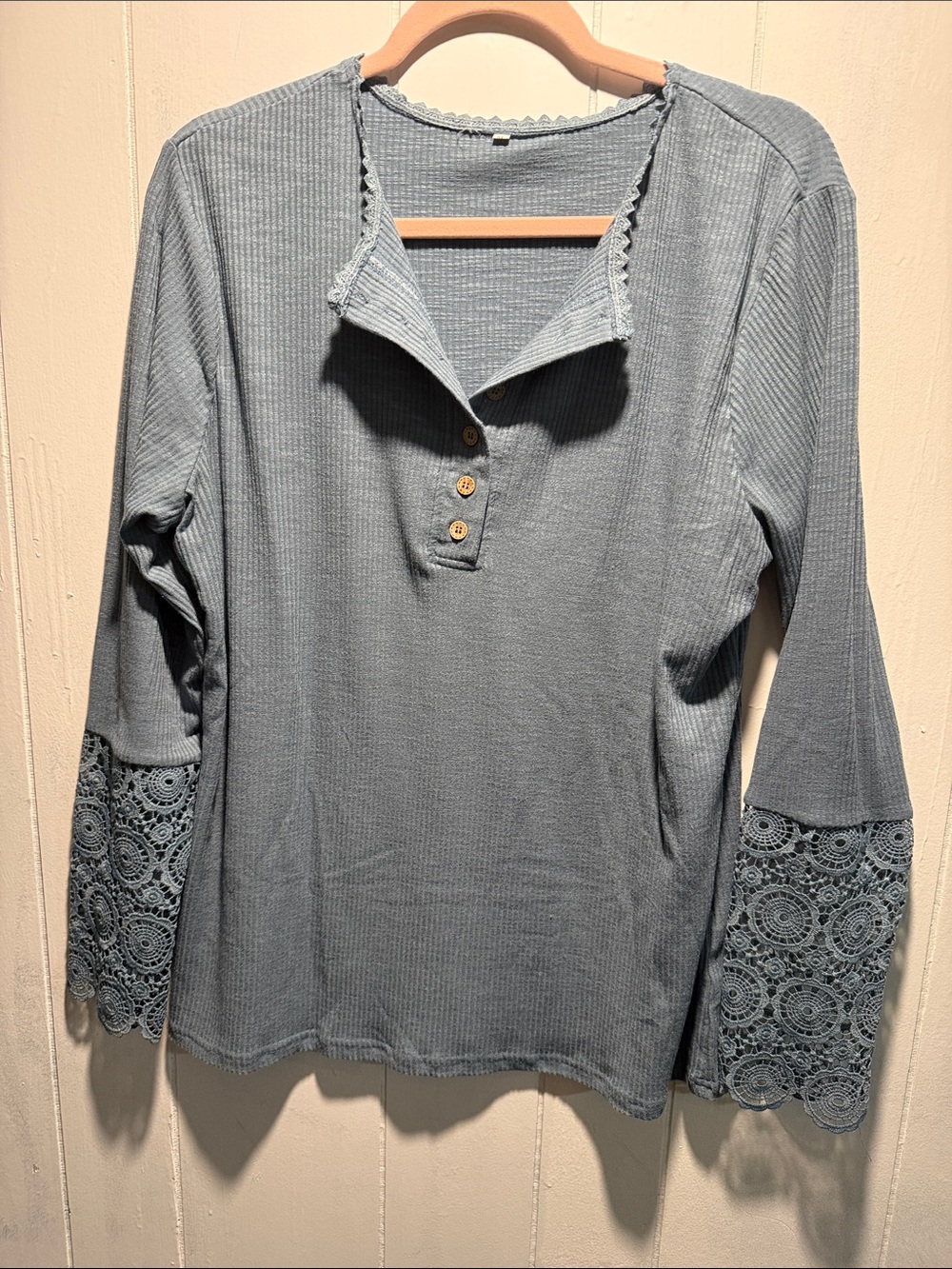 Women’s Lace-Sleeve Henley Top - Blue